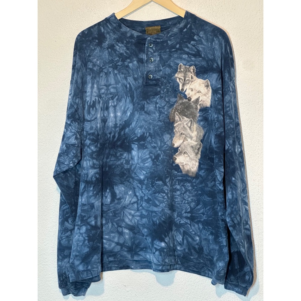 The Mountain Wolf Tie Dye Henley Shirt Mens XXL Blue Yellowstone National Park